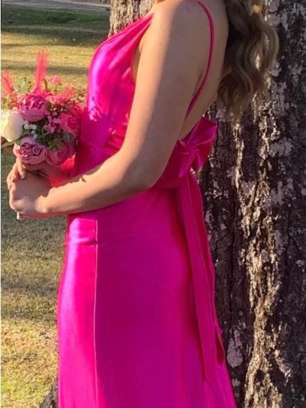 Hot Pink Satin Prom Dress with Bow